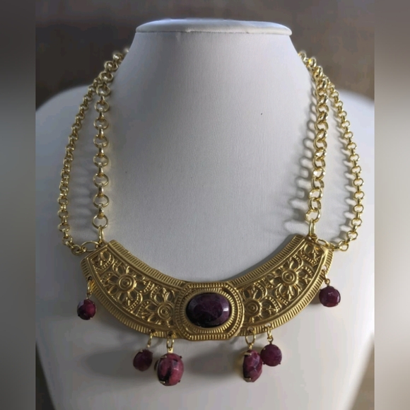 Red Reinassance Genuine Natural Rubies Collar Two Strand Necklace in Gold Plated - Picture 10 of 11